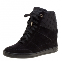 Louis Vuitton Black Leather and Embossed Monogram Suede Millenium Wedge  High-Top Sneakers Size 38.5 Louis Vuitton