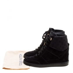 Louis Vuitton Black Suede And Embossed Monogram Fabric Millenium Wedge Sneakers Size 37.5