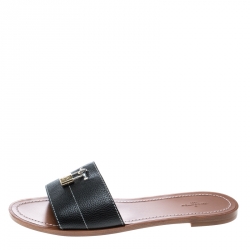 Louis Vuitton Black Grained Leather Lock It Flat Slides Size 41