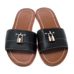 Louis Vuitton Black Grained Leather Lock It Flat Slides Size 41