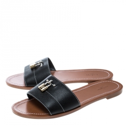 Louis Vuitton Black Grained Leather Lock It Flat Slides Size 41