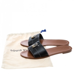 Louis Vuitton Black Grained Leather Lock It Flat Slides Size 41