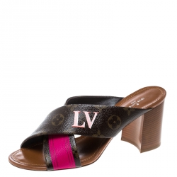 Louis Vuitton Brown/Pink Canvas Panorama Cross Strap Flat Slides Size 39 Louis  Vuitton