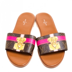 Pre Owned Louis Vuitton Brown Patent Monogram Canvas Lock It Flat Slides Size 39