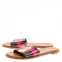 Pre Owned Louis Vuitton Brown Patent Monogram Canvas Lock It Flat Slides Size 39