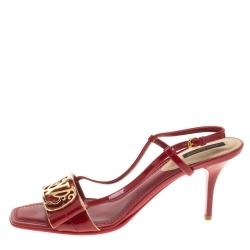 مملوكة مسبقًا صندل لوي فيتون فتحة كعب تفاصيل شعار جلد لامع أحمر مقاس 39