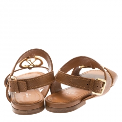 Pre Owned صندل لوي فيتون فلات سير خلفي تفاصيل شعار جلد بني مقاسس 35