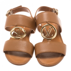 Pre Owned صندل لوي فيتون فلات سير خلفي تفاصيل شعار جلد بني مقاسس 35