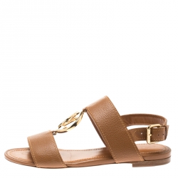 Pre Owned صندل لوي فيتون فلات سير خلفي تفاصيل شعار جلد بني مقاسس 35