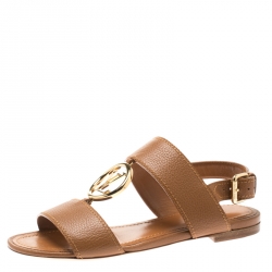 Pre Owned صندل لوي فيتون فلات سير خلفي تفاصيل شعار جلد بني مقاسس 35