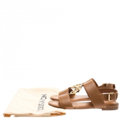 Pre Owned صندل لوي فيتون فلات سير خلفي تفاصيل شعار جلد بني مقاسس 35