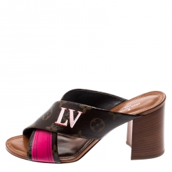 Pre Owned صندل سلايد لوي فيتون نوراما كانفاس وردي/بني مونوغرامي مقاس 37