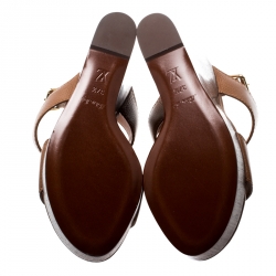 Pre Owned Louis Vuitton Brown Leather Vedette Platform Wedge Sandals Size 37.5