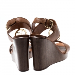 Pre Owned Louis Vuitton Brown Leather Vedette Platform Wedge Sandals Size 37.5