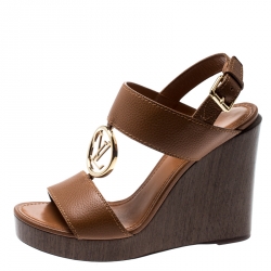 Pre Owned Louis Vuitton Brown Leather Vedette Platform Wedge Sandals Size 37.5