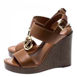 Pre Owned Louis Vuitton Brown Leather Vedette Platform Wedge Sandals Size 37.5