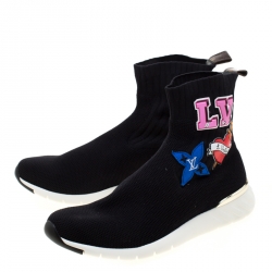Louis Vuitton Black Knitted Fabric Black Heart High Top Sneakers Size 41