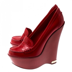 Pre Owned Louis Vuitton Red Leather Wedge Platform Loafers Pumps Size 40