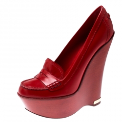 Pre Owned Louis Vuitton Red Leather Wedge Platform Loafers Pumps Size 40