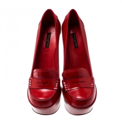 Pre Owned Louis Vuitton Red Leather Wedge Platform Loafers Pumps Size 40