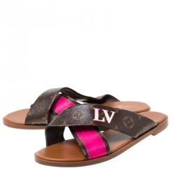 مملوكة مسبقًا Louis Vuitton Brown/Pink Monogram Canvas Panorama Cross Strap Flat Slides Size 39
