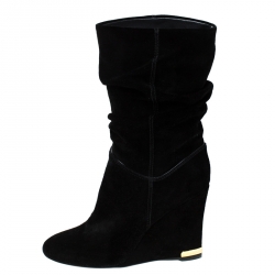 مملوكة مسبقًا Louis Vuitton Black Suede Cate Mid-Calf Wedge Boots Size 37
