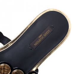 Pre Owned صندل فلات خاتم إصبع لوي فيتون مزخرف سويدي و جلد ذهبي و أسود مقاس 38