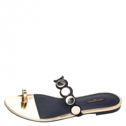 Pre Owned صندل فلات خاتم إصبع لوي فيتون مزخرف سويدي و جلد ذهبي و أسود مقاس 38