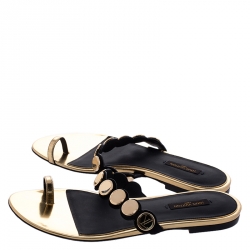 Pre Owned صندل فلات خاتم إصبع لوي فيتون مزخرف سويدي و جلد ذهبي و أسود مقاس 38