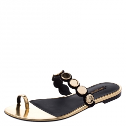 Pre Owned صندل فلات خاتم إصبع لوي فيتون مزخرف سويدي و جلد ذهبي و أسود مقاس 38