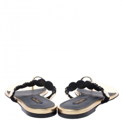 Pre Owned صندل فلات خاتم إصبع لوي فيتون مزخرف سويدي و جلد ذهبي و أسود مقاس 38