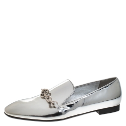 Pre Owned Louis Vuitton Metallic Silver Foil Leather Chain Detail Smoking Slippers Size 37