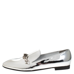 Pre Owned Louis Vuitton Metallic Silver Foil Leather Chain Detail Smoking Slippers Size 37
