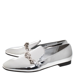 Pre Owned Louis Vuitton Metallic Silver Foil Leather Chain Detail Smoking Slippers Size 37