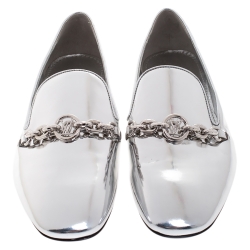 Pre Owned Louis Vuitton Metallic Silver Foil Leather Chain Detail Smoking Slippers Size 37