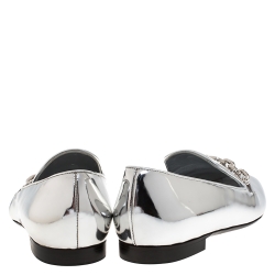 Pre Owned Louis Vuitton Metallic Silver Foil Leather Chain Detail Smoking Slippers Size 37