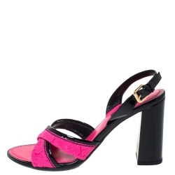 Pre Owned Louis Vuitton Pink Monogram Suede And Patent Leather Ankle Strap Block Heel Sandals Size 37.5