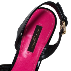 Pre Owned Louis Vuitton Pink Monogram Suede And Patent Leather Ankle Strap Block Heel Sandals Size 37.5
