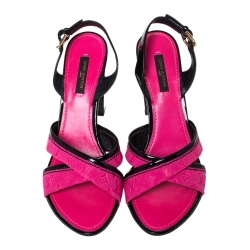 Pre Owned Louis Vuitton Pink Monogram Suede And Patent Leather Ankle Strap Block Heel Sandals Size 37.5