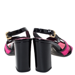 Pre Owned Louis Vuitton Pink Monogram Suede And Patent Leather Ankle Strap Block Heel Sandals Size 37.5