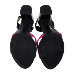 Pre Owned Louis Vuitton Pink Monogram Suede And Patent Leather Ankle Strap Block Heel Sandals Size 37.5
