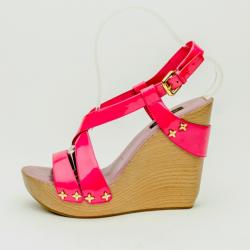 Pre Owned Louis Vuitton Pink Patent Pomegranate Wedge Sandals Size 38