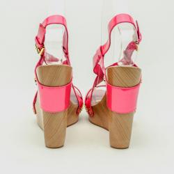 Pre Owned Louis Vuitton Pink Patent Pomegranate Wedge Sandals Size 38