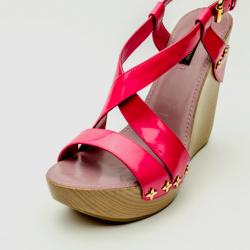 Pre Owned Louis Vuitton Pink Patent Pomegranate Wedge Sandals Size 38