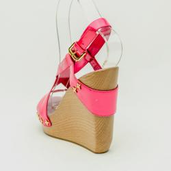 Pre Owned Louis Vuitton Pink Patent Pomegranate Wedge Sandals Size 38