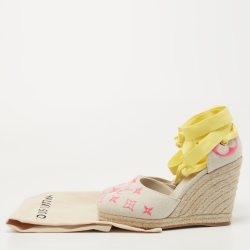 Pre Owned Louis Vuitton Beige Monogram Canvas Wedge Espadrille Pumps Size 37.5