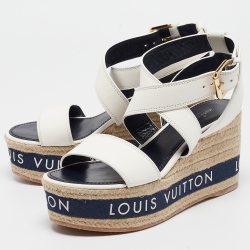 Pre Owned Louis Vuitton White Leather Wedge Espadrille Ankle Strap Sandals Size 36.5