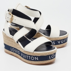 Pre Owned Louis Vuitton White Leather Wedge Espadrille Ankle Strap Sandals Size 36.5