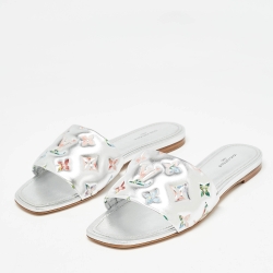 Pre Owned Louis Vuitton Silver Leather Revival Flat Slides Size 38