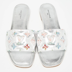 Pre Owned Louis Vuitton Silver Leather Revival Flat Slides Size 38
